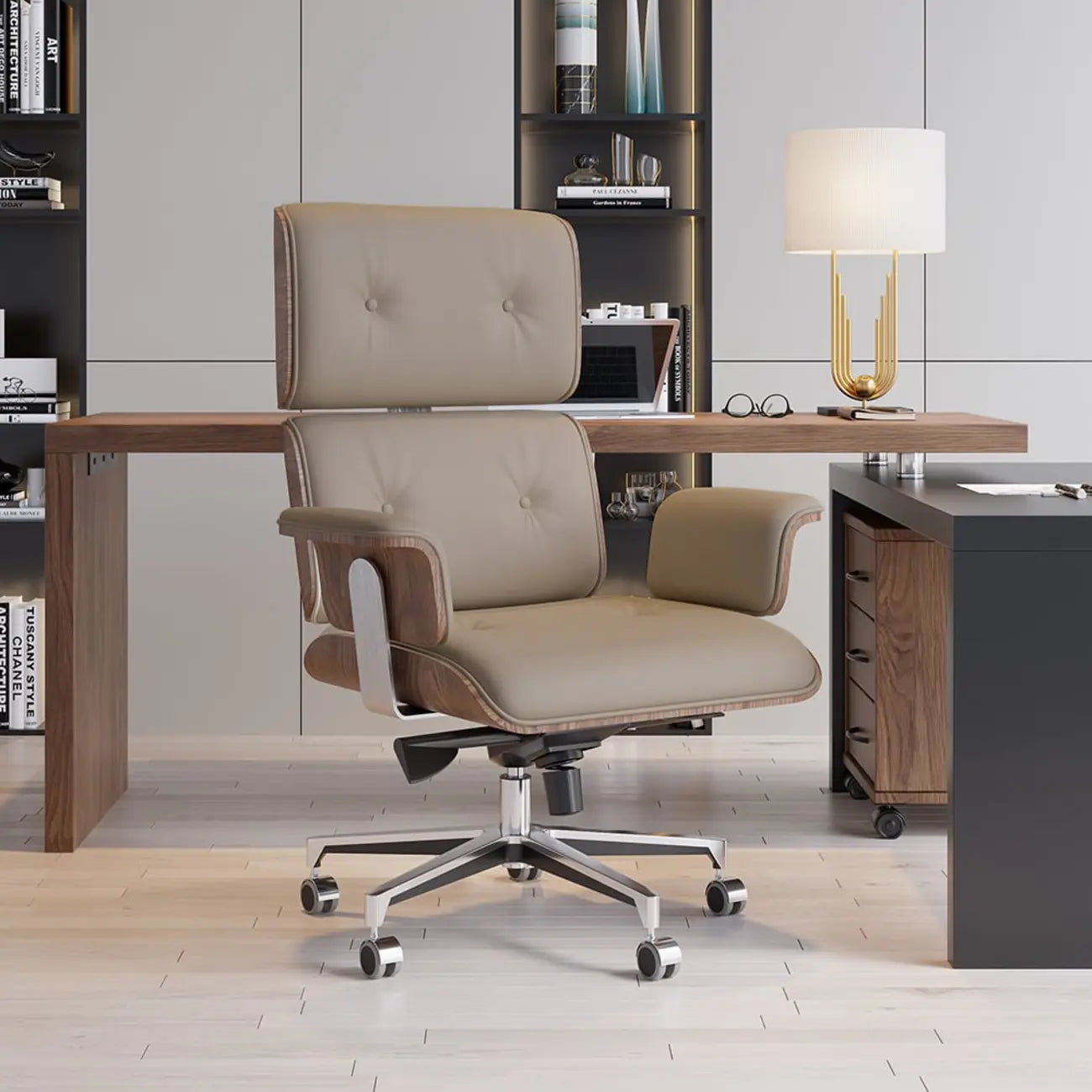 Modern Wood Leather Adjustable Swivel Black Executive Chair