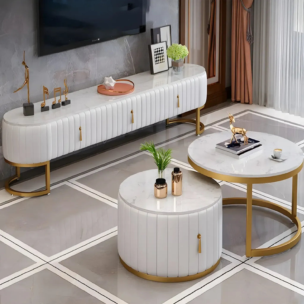 Nordic Grey Marble Pleated Front TV Stand with Gold Base