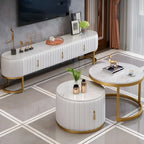 Nordic Grey Marble Pleated Front TV Stand with Gold Base