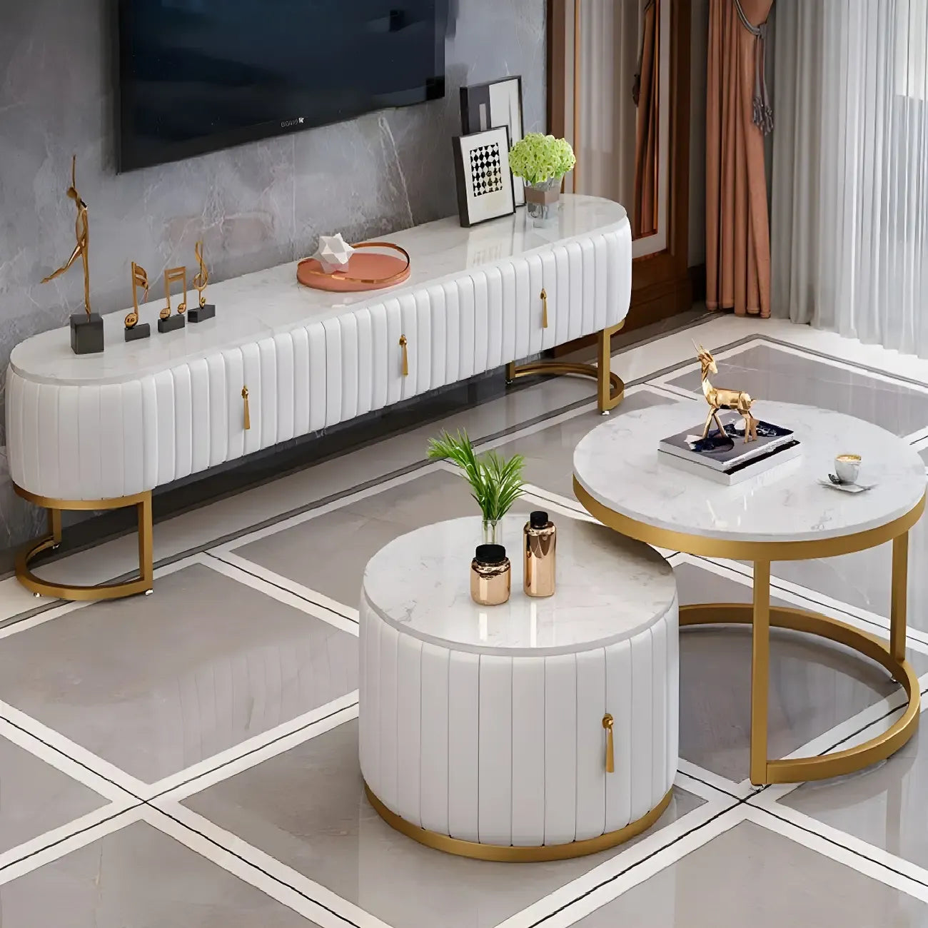 Nordic Grey Marble Pleated Front TV Stand with Gold Base