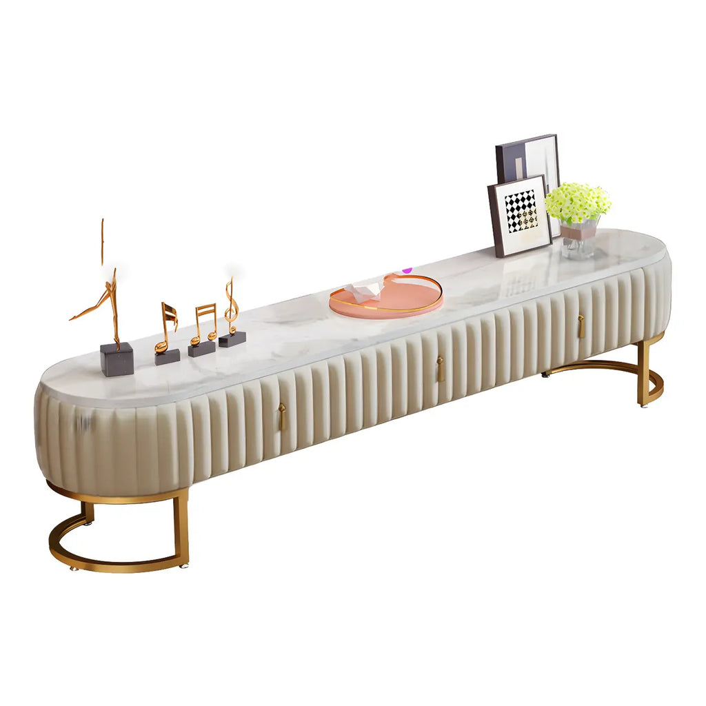 Nordic Grey Marble Pleated Front TV Stand with Gold Base