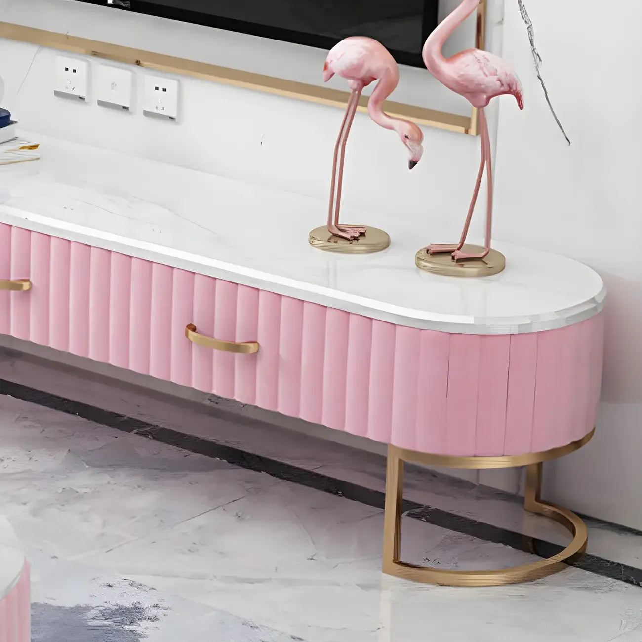 Nordic Grey Marble Pleated Front TV Stand with Gold Base
