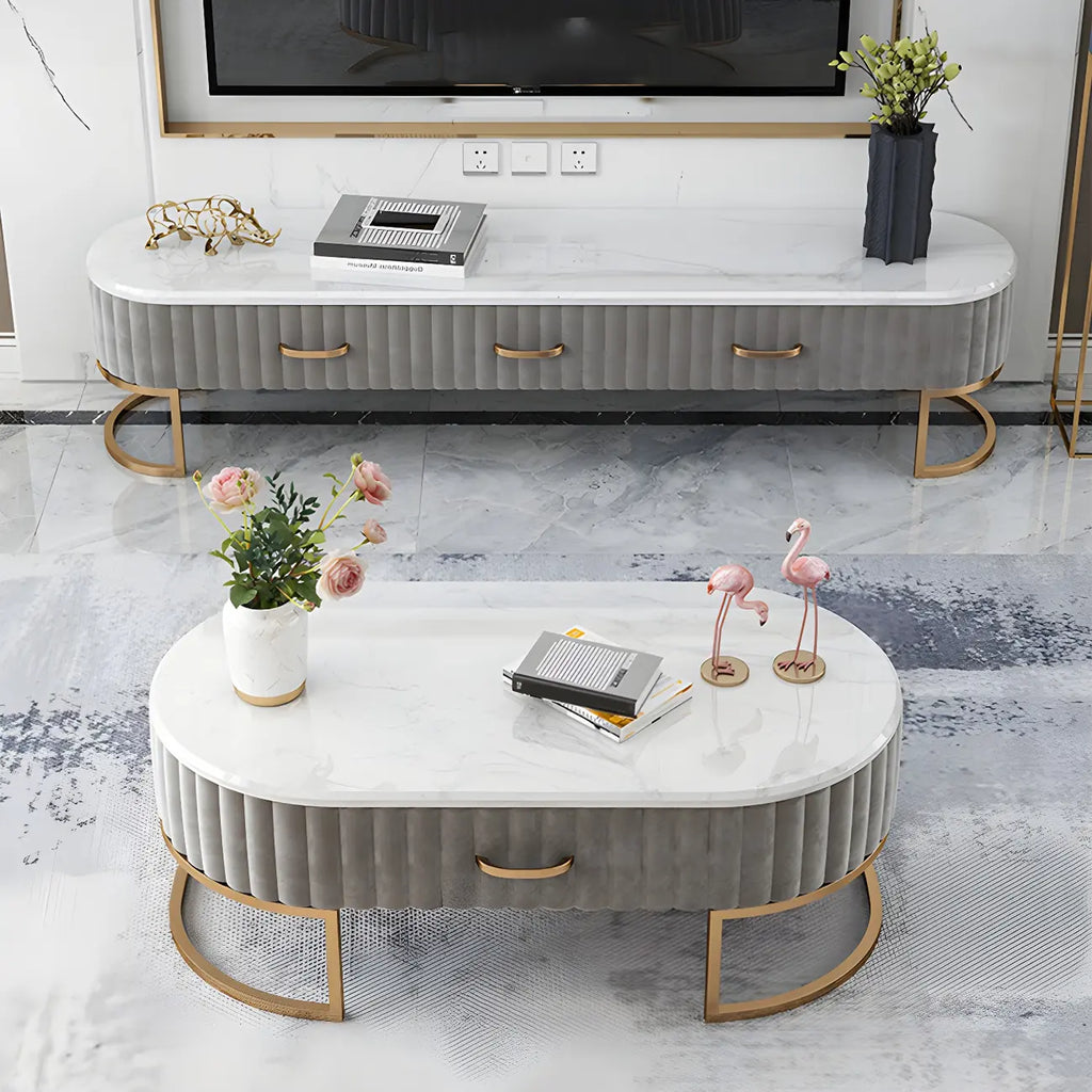 Nordic Grey Marble Pleated Front TV Stand with Gold Base