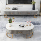 Nordic Grey Marble Pleated Front TV Stand with Gold Base