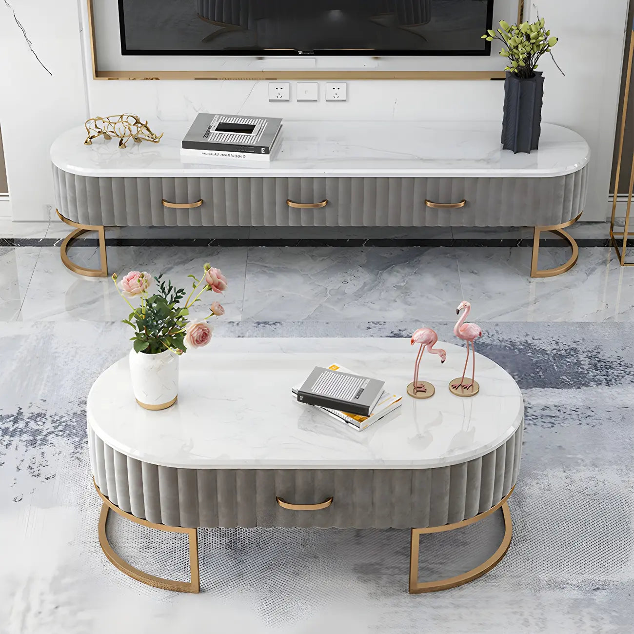 Nordic Grey Marble Pleated Front TV Stand with Gold Base