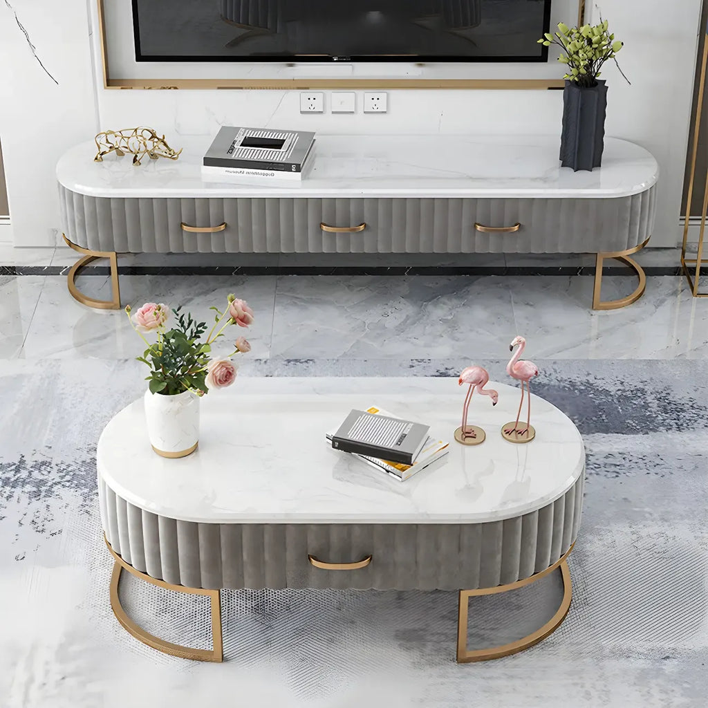 Nordic Grey Marble Pleated Front TV Stand with Gold Base