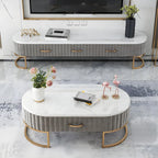 Nordic Grey Marble Pleated Front TV Stand with Gold Base