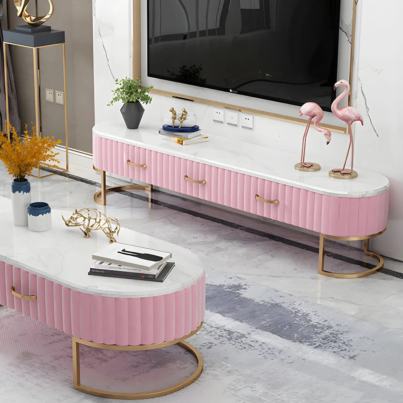 Nordic Grey Marble Pleated Front TV Stand with Gold Base