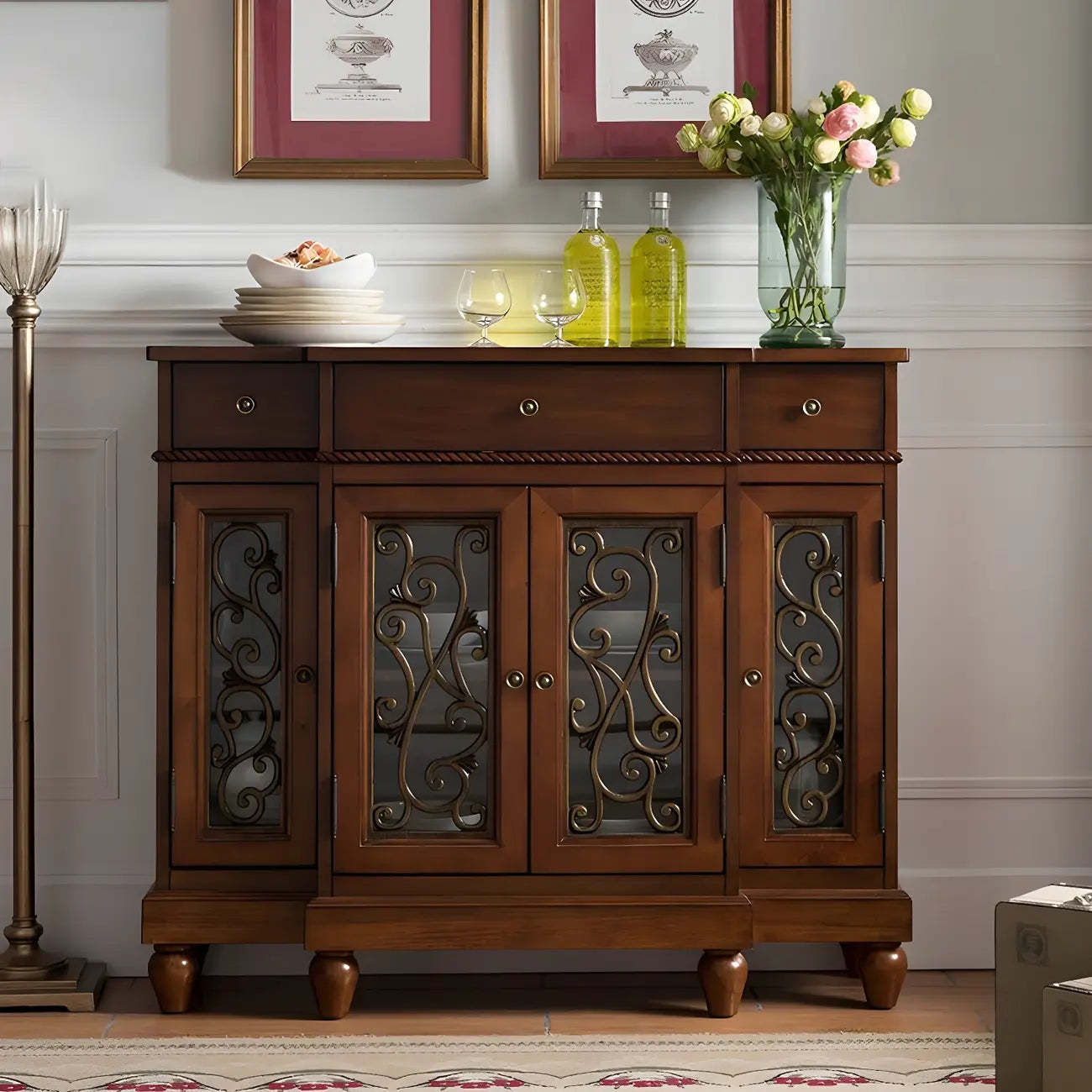 Retro Brown Wooden Sideboard with Glass Doors