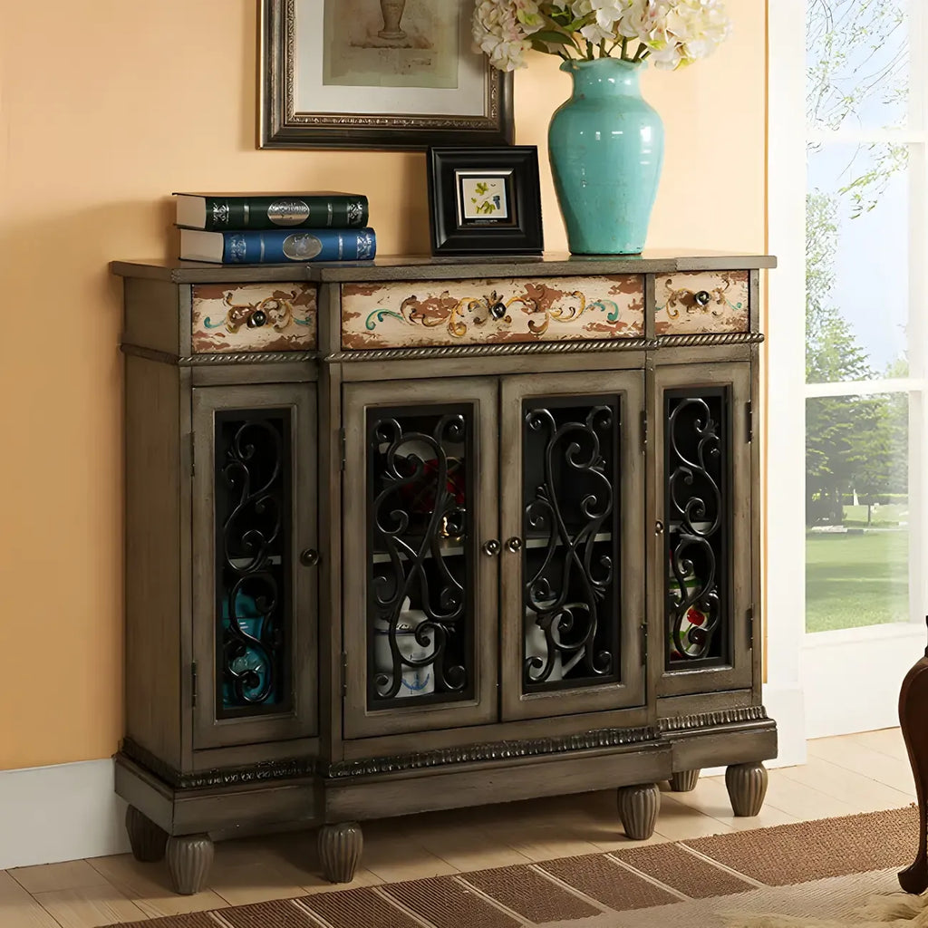 Retro Brown Wooden Sideboard with Glass Doors