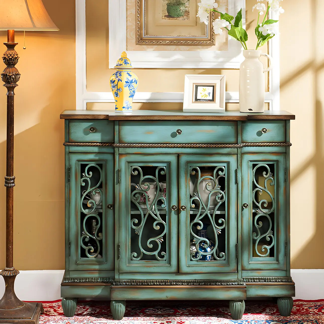 Retro Brown Wooden Sideboard with Glass Doors