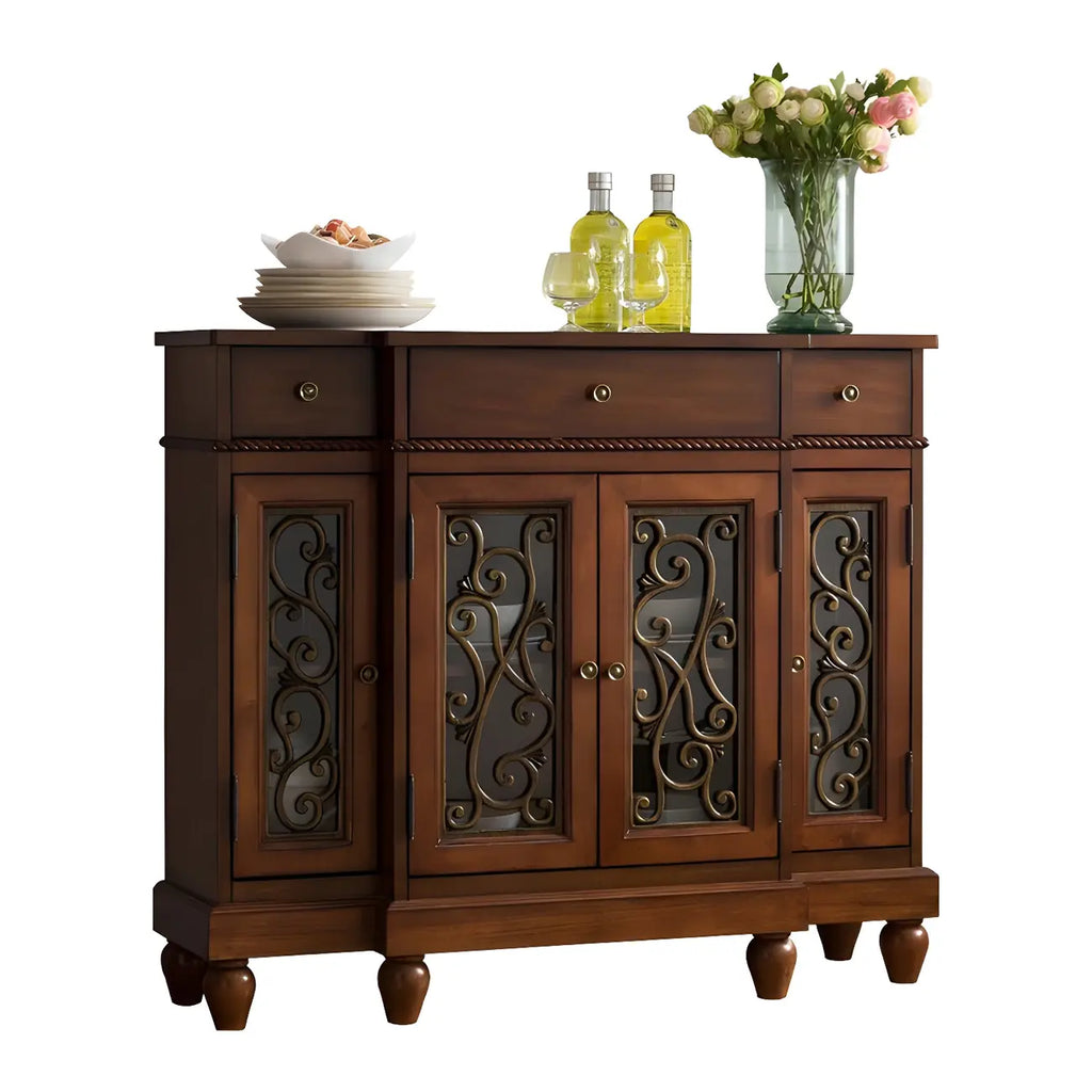 Retro Brown Wooden Sideboard with Glass Doors