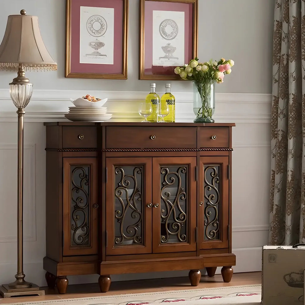 Retro Brown Wooden Sideboard with Glass Doors