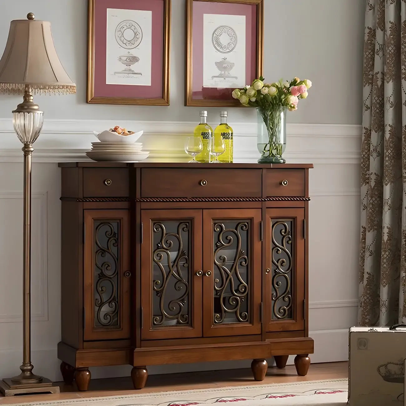 Retro Brown Wooden Sideboard with Glass Doors