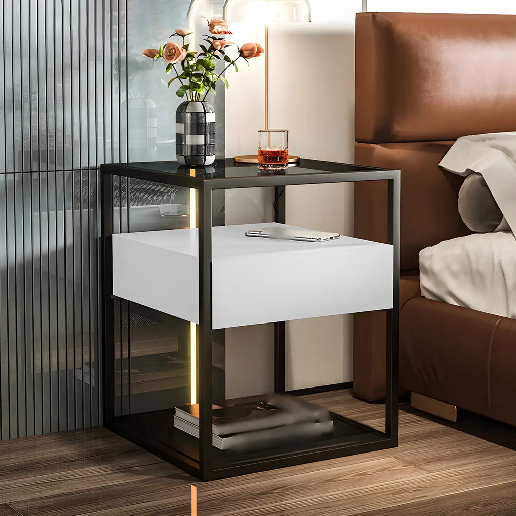 Modern Blue Nightstand with Glass Top and Drawer Storage
