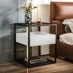 Modern Blue Nightstand with Glass Top and Drawer Storage