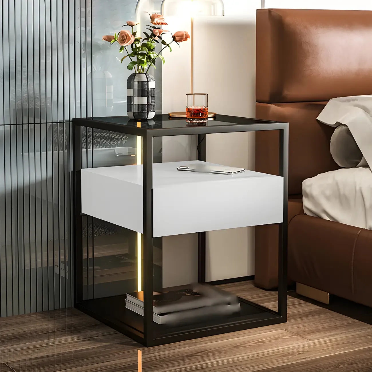 Modern Blue Nightstand with Glass Top and Drawer Storage