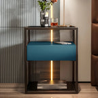 Modern Blue Nightstand with Glass Top and Drawer Storage