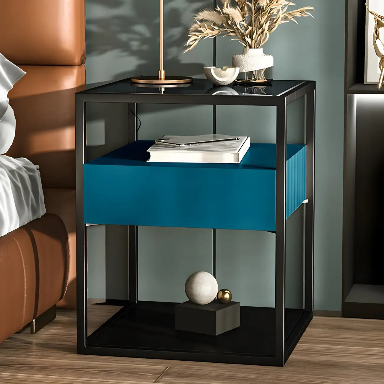 Modern Blue Nightstand with Glass Top and Drawer Storage