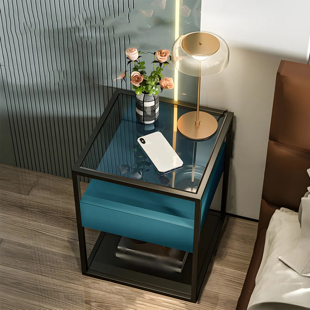 Modern Blue Nightstand with Glass Top and Drawer Storage