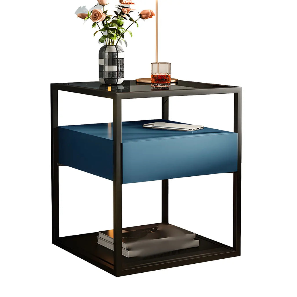 Modern Blue Nightstand with Glass Top and Drawer Storage