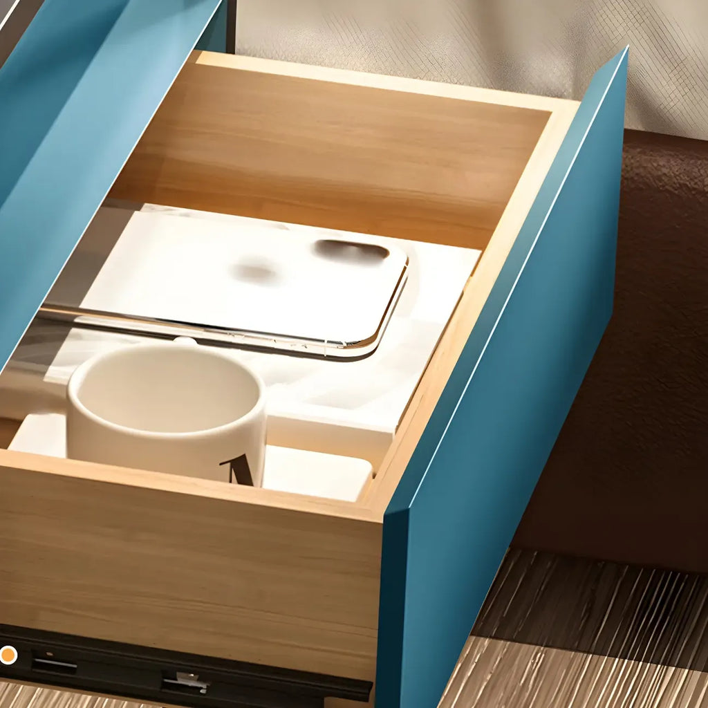 Modern Blue Nightstand with Glass Top and Drawer Storage