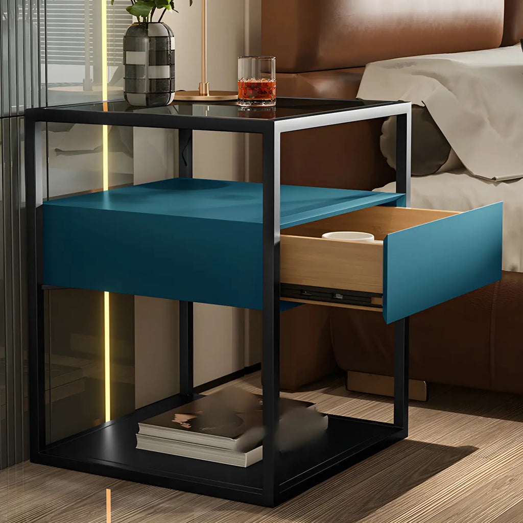 Modern Blue Nightstand with Glass Top and Drawer Storage