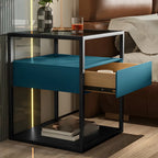 Modern Blue Nightstand with Glass Top and Drawer Storage