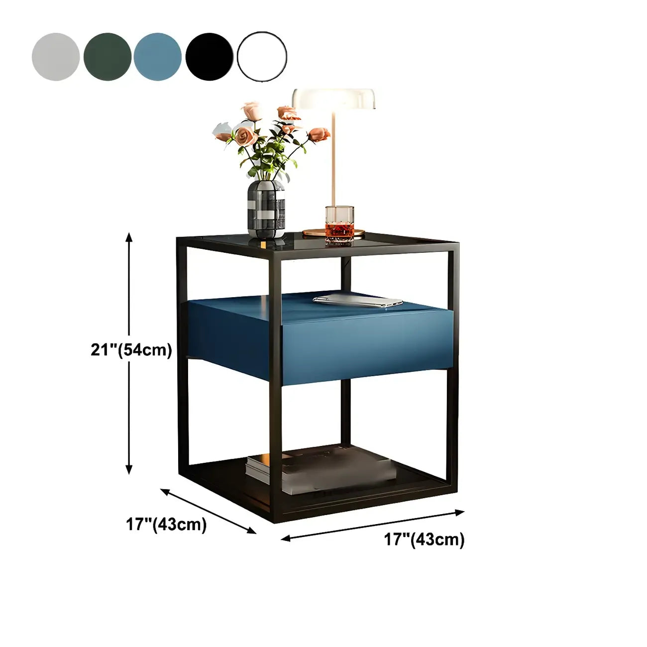 Modern Blue Nightstand with Glass Top and Drawer Storage