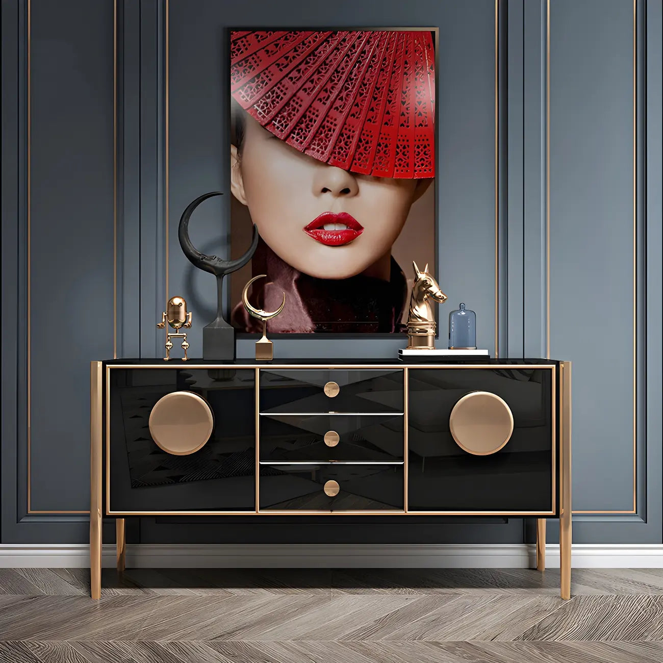 Modern Glossy Wooden Buffet Table with Drawers & Cabinets