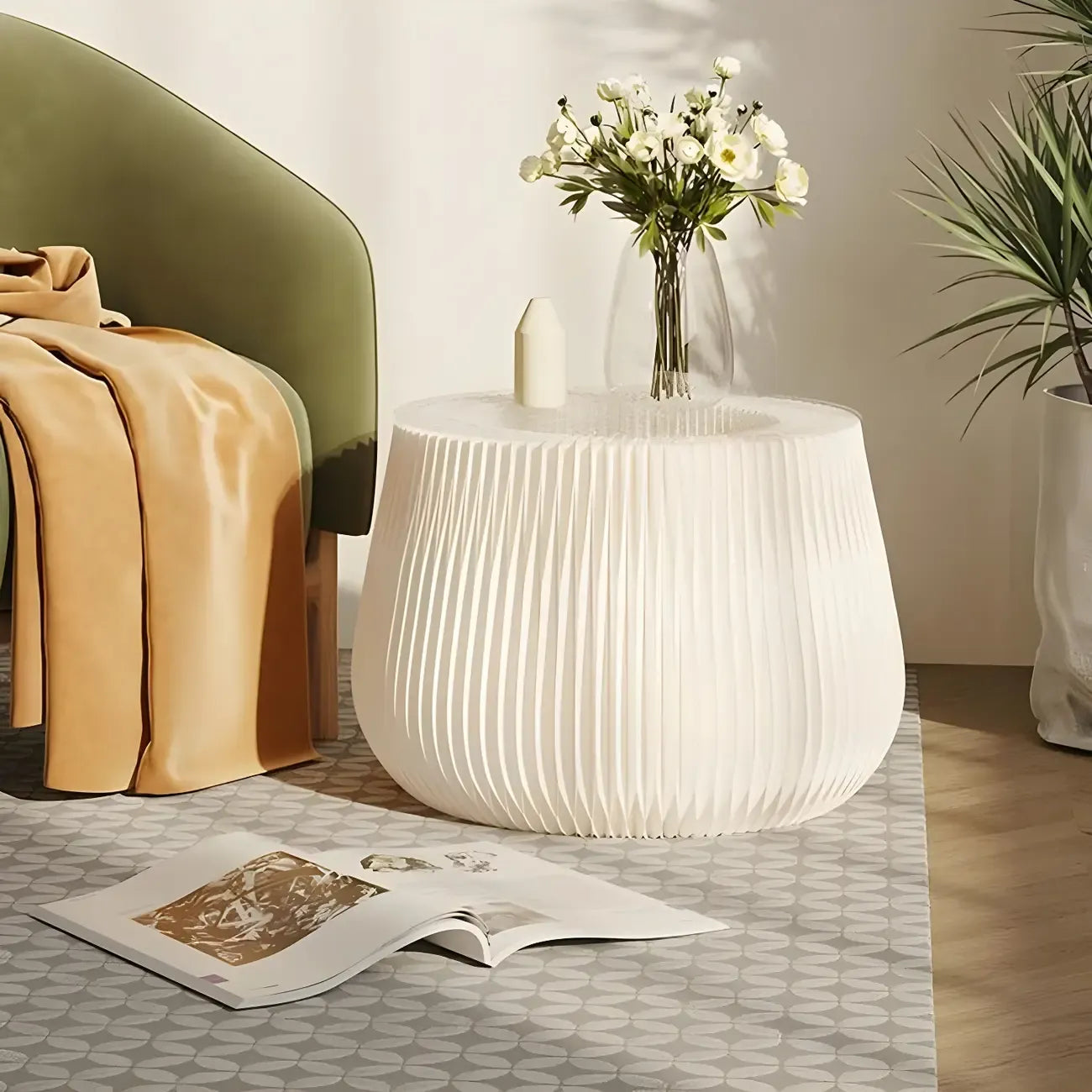 Foldable Round Accent White Drum End Table with Storage