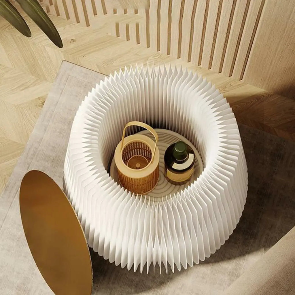 Foldable Round Accent White Drum End Table with Storage