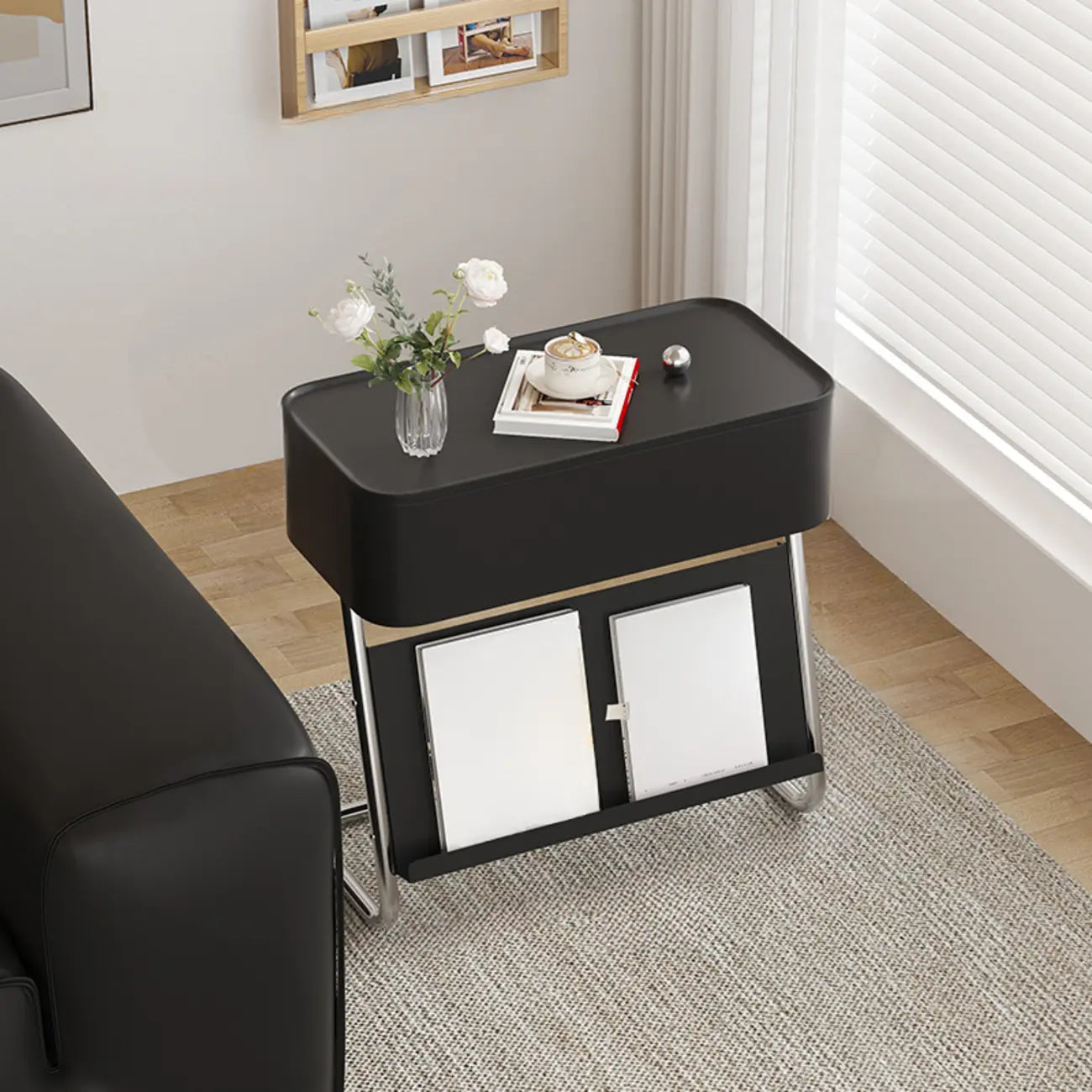 Rolling Metal Storage C-Shaped Side Table with Magazine Rack