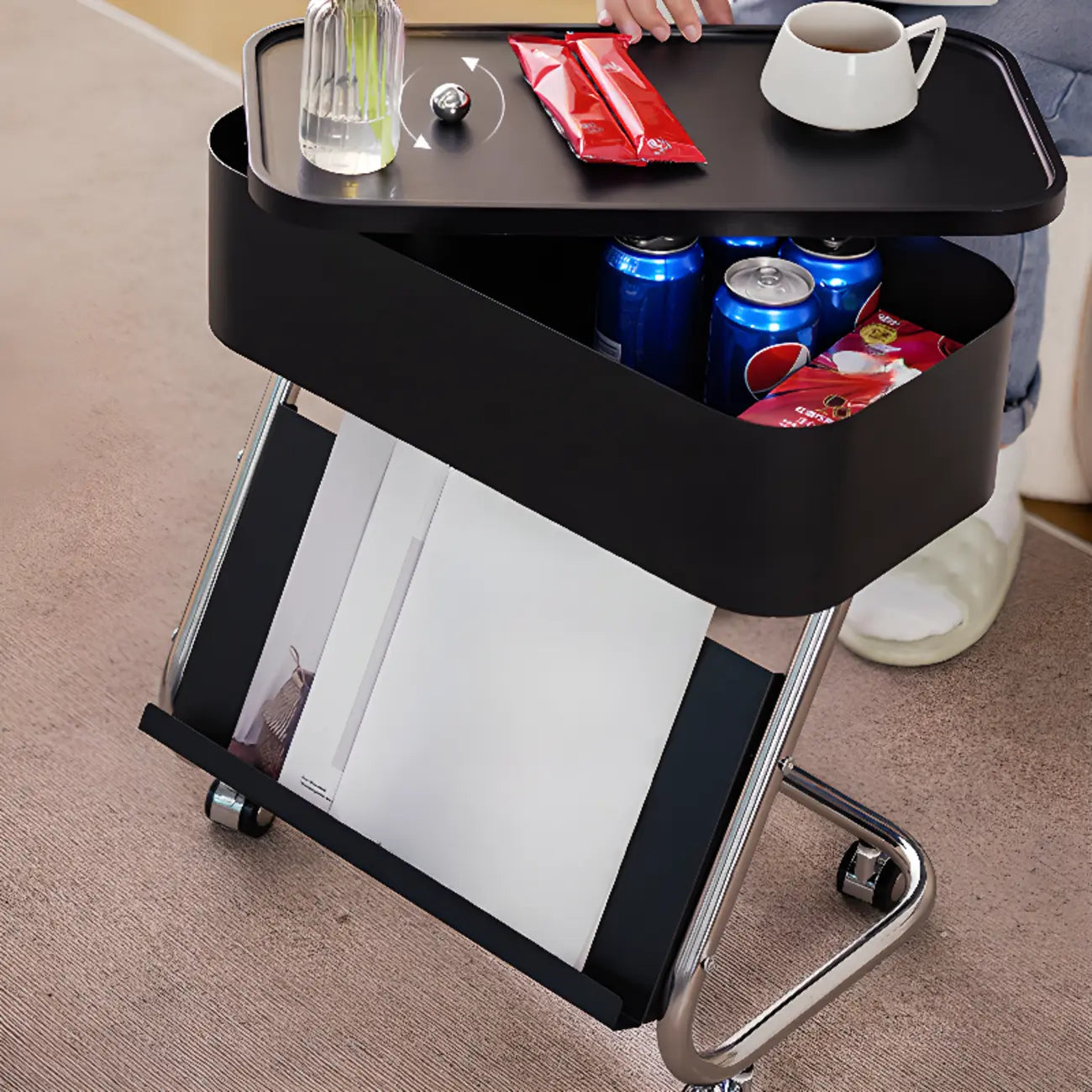 Rolling Metal Storage C-Shaped Side Table with Magazine Rack