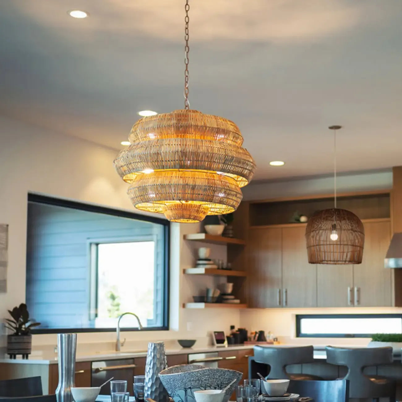 Vintage Rattan 3 Tiers Chandelier for Living Room Decor