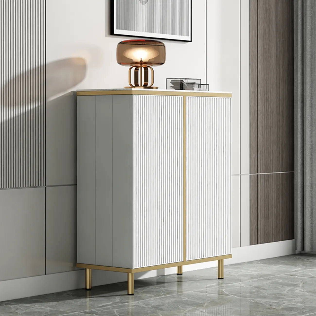 Modish White Metal Entryway Shoe Storage Cabinet