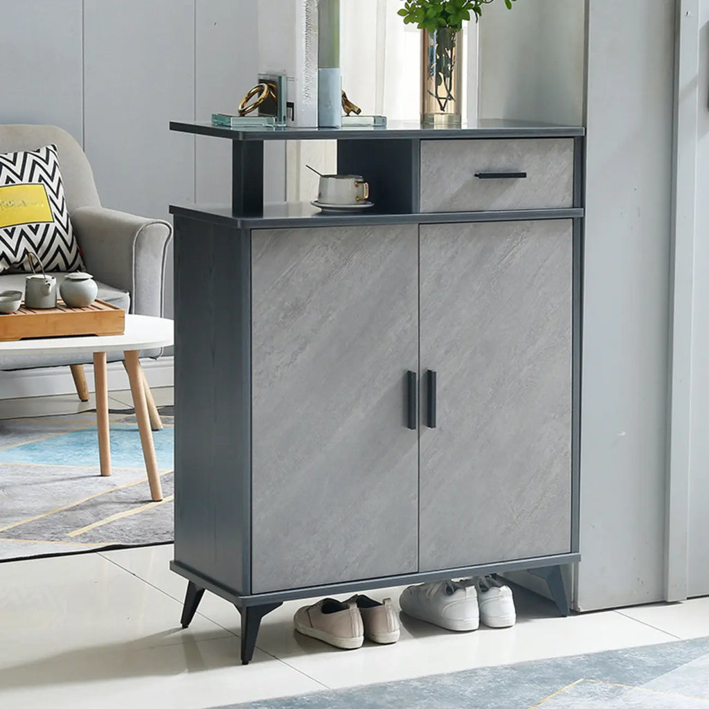 Entryway Grey Wood Shoe Storage Cabinet with Display Top