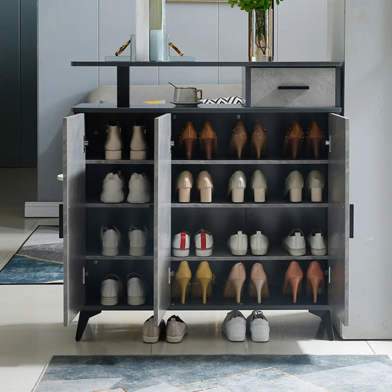Entryway Grey Wood Shoe Storage Cabinet with Display Top