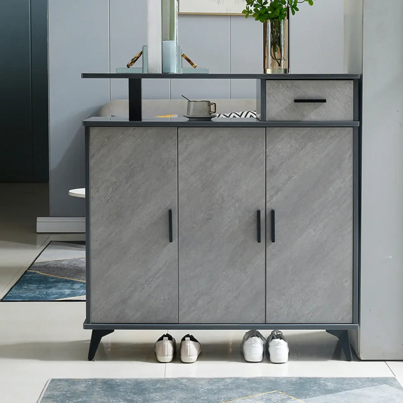 Entryway Grey Wood Shoe Storage Cabinet with Display Top