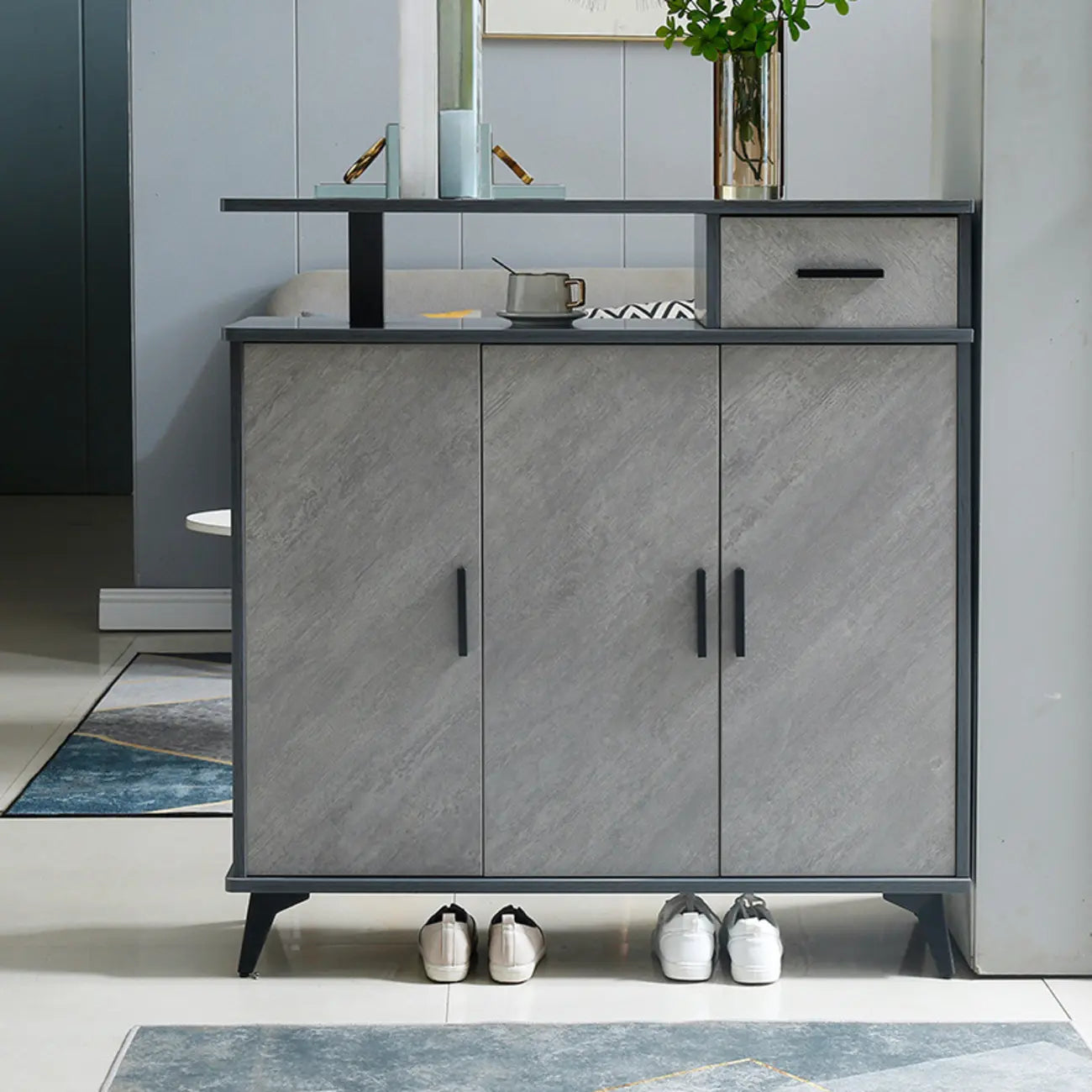 Entryway Grey Wood Shoe Storage Cabinet with Display Top