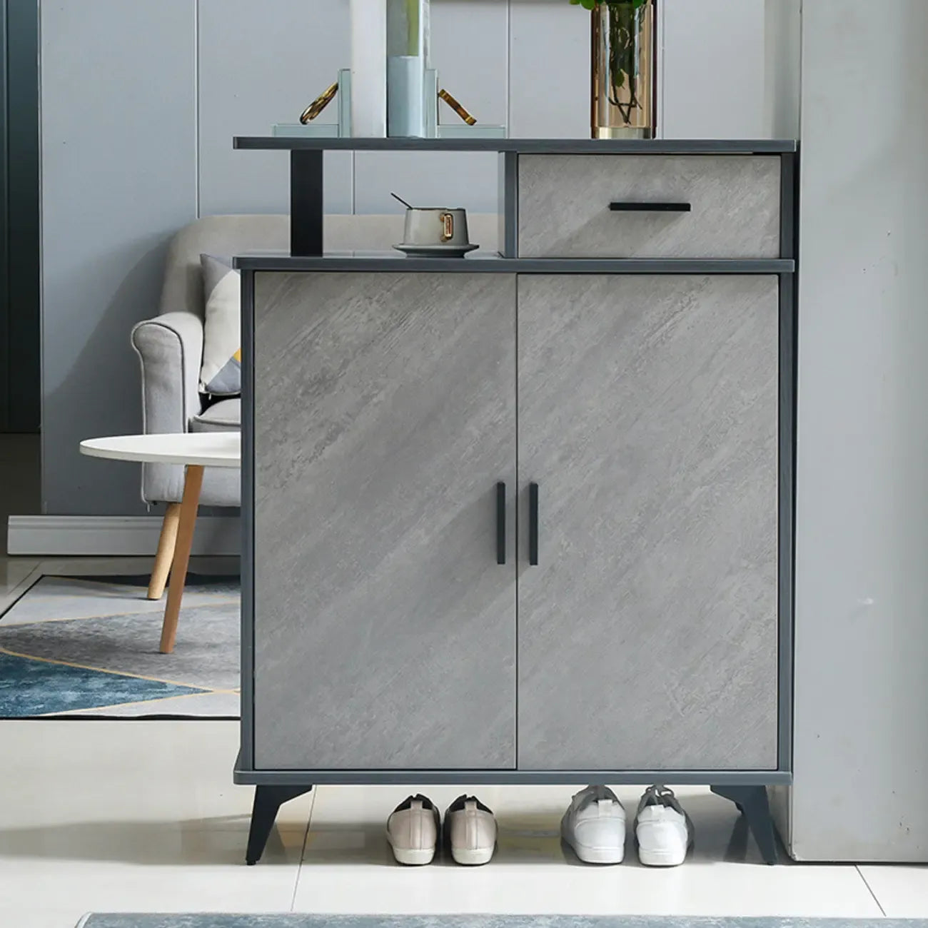 Entryway Grey Wood Shoe Storage Cabinet with Display Top