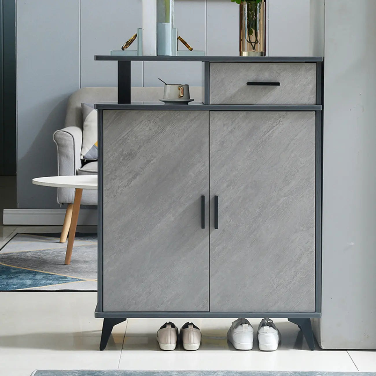 Entryway Grey Wood Shoe Storage Cabinet with Display Top