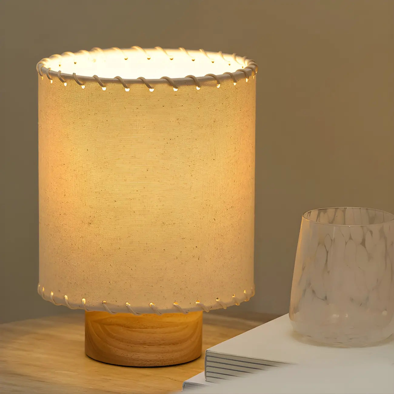 Rustic White Drum Wood Table Lamp for Ambient Bedroom