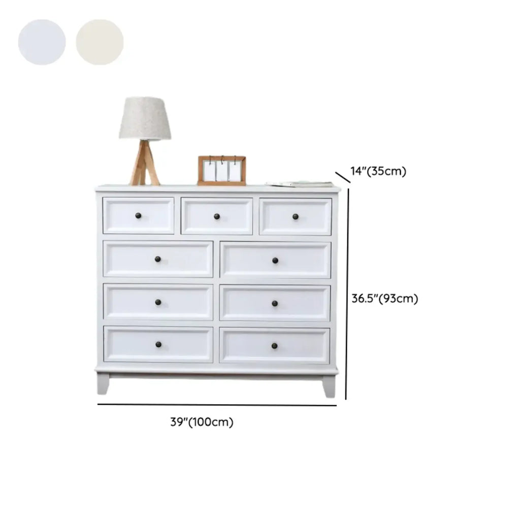 Elegant Wooden 9-Drawer White Dresser with Metal Handle