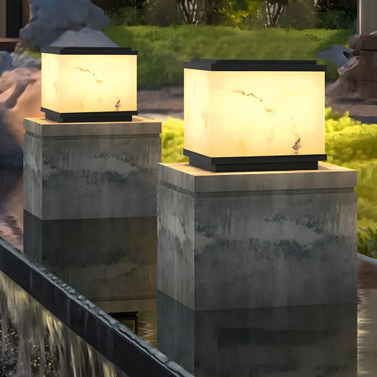 Modern Warm Light Cube Solar Outdoor Post Lights