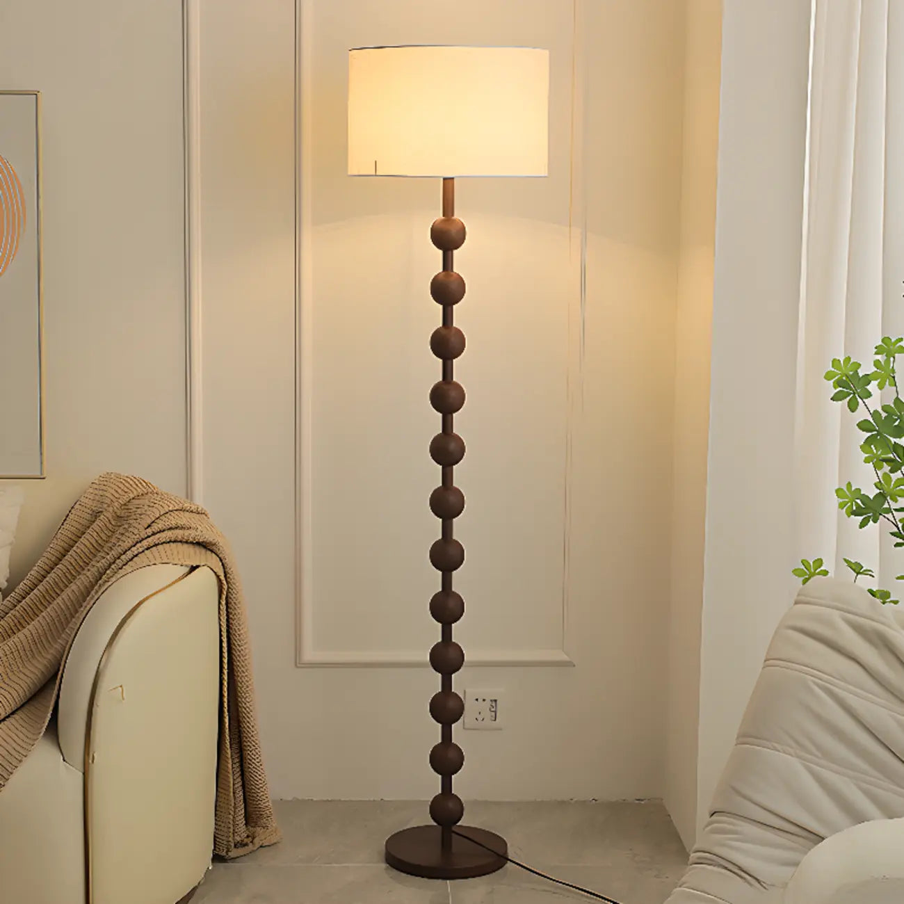 Stacked Ball Wood Floor Lamp with Fabric Shade for Living Room
