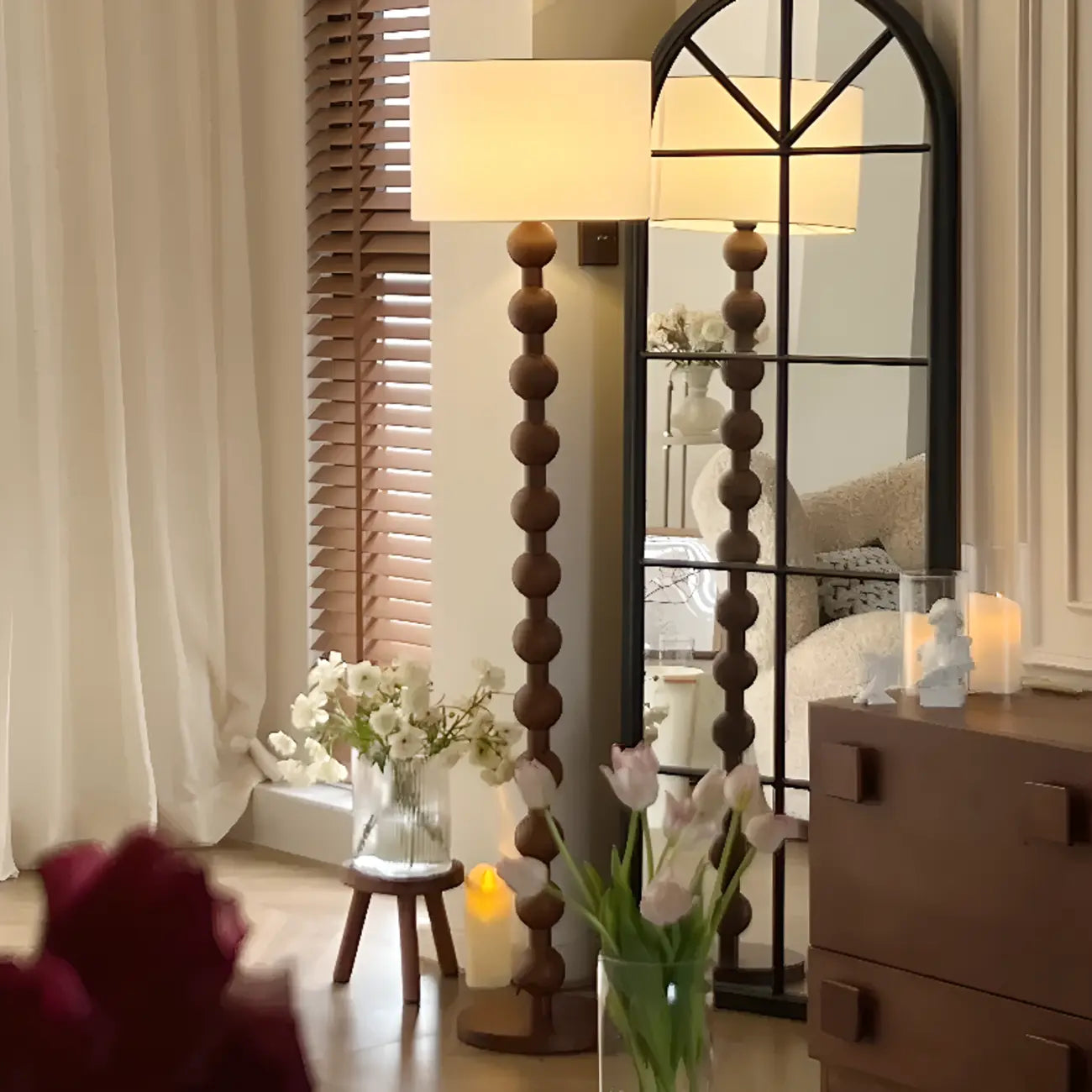 Stacked Ball Wood Floor Lamp with Fabric Shade for Living Room