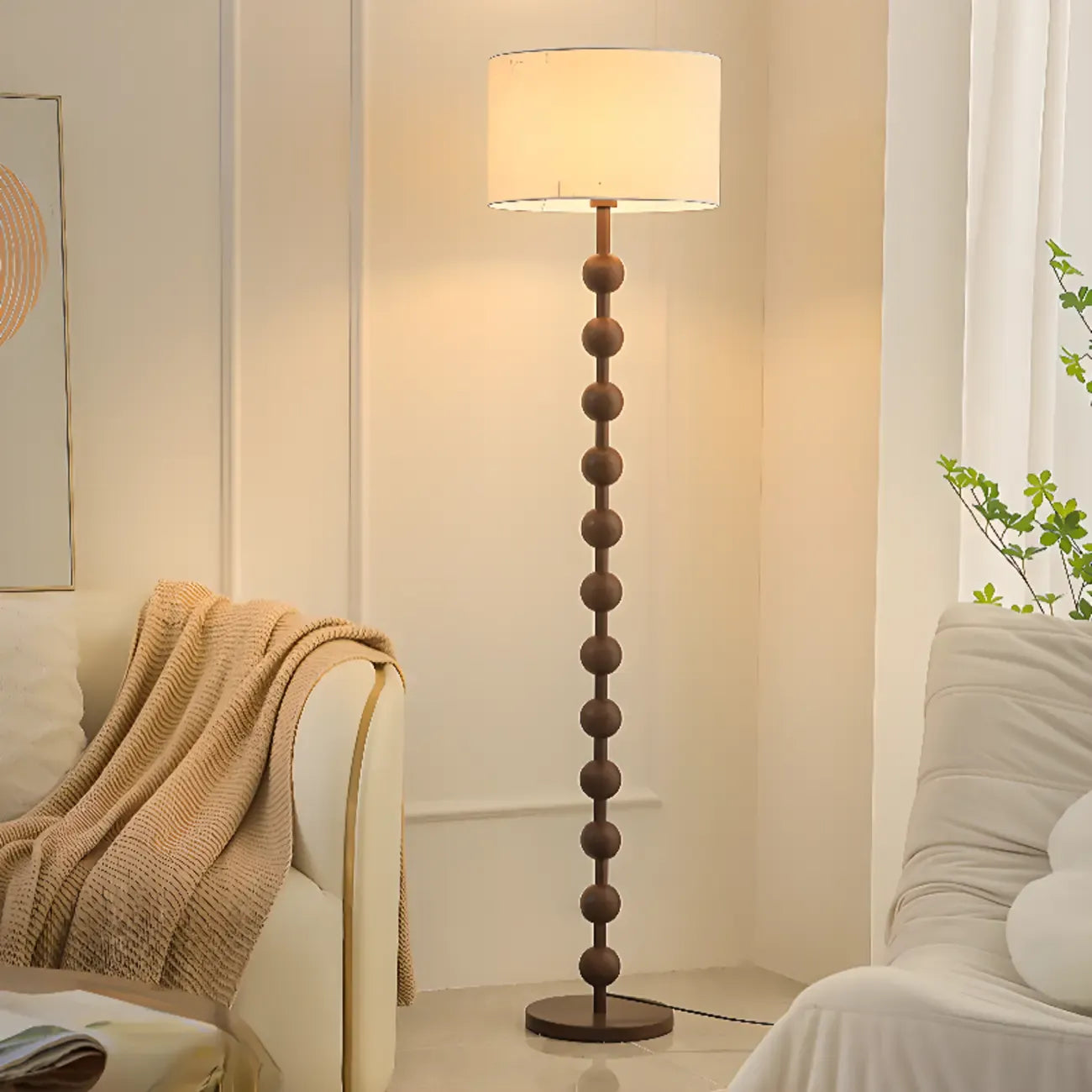 Stacked Ball Wood Floor Lamp with Fabric Shade for Living Room