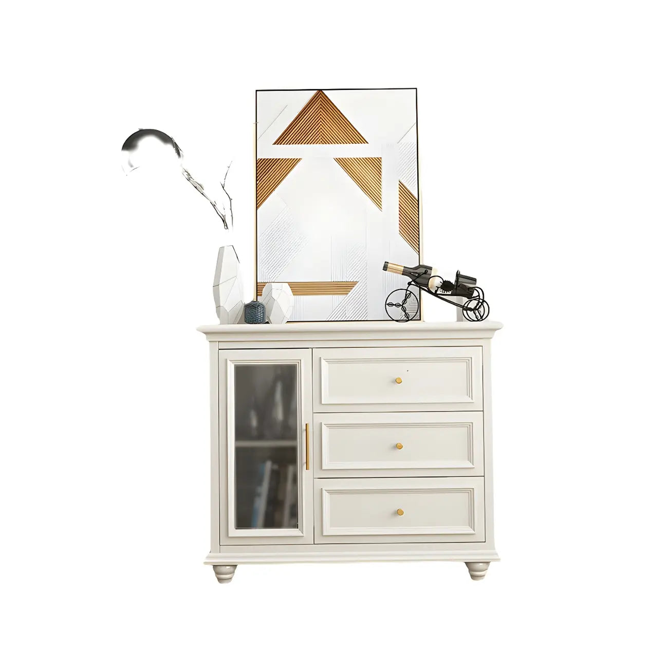 White Wooden Sideboard with 3 Drawers and Cabinets