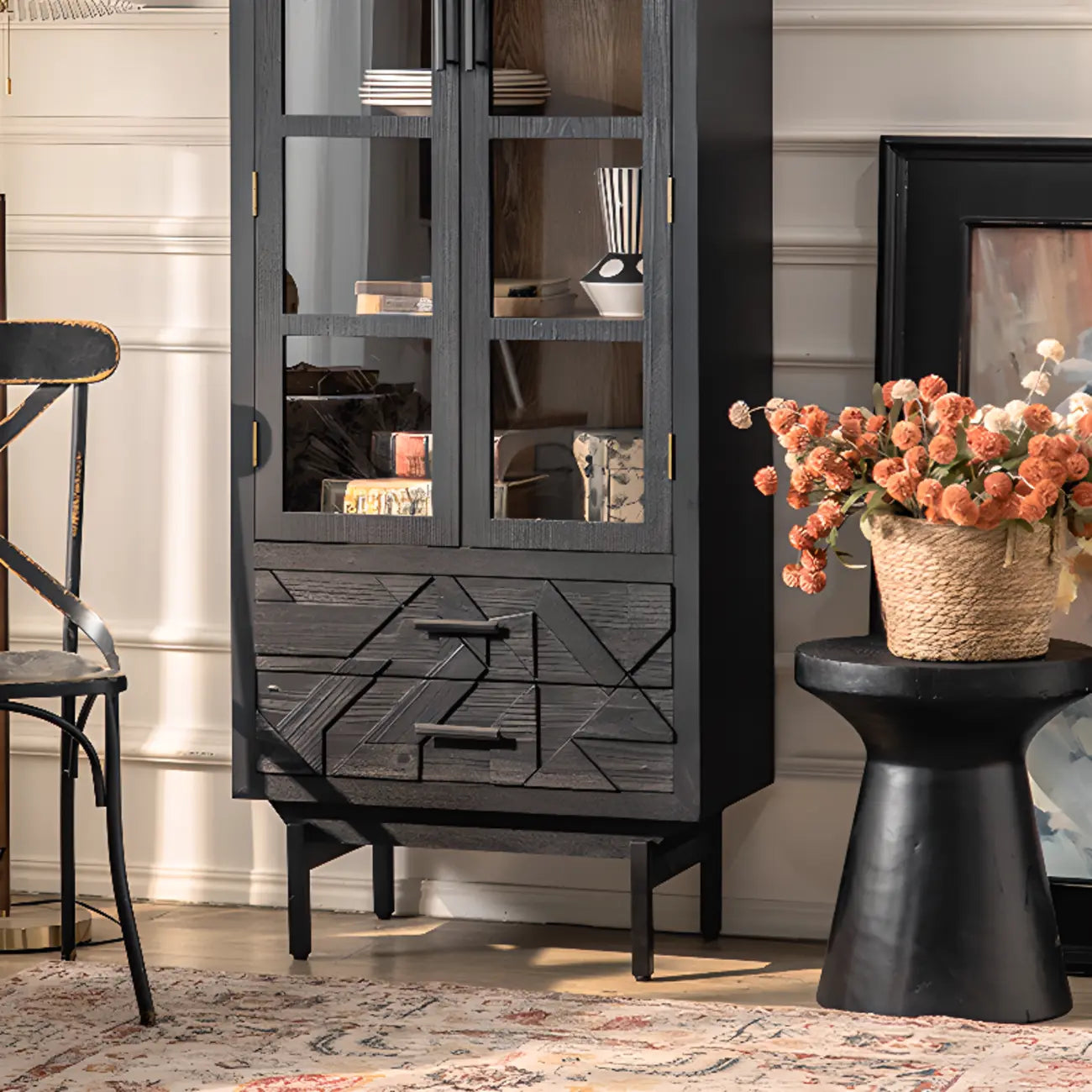 Rectangular Black Parlor Accent Cabinet with Straight Legs